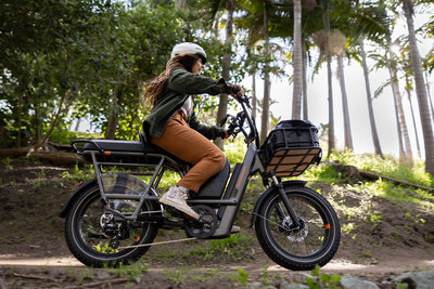 Rider on an e-bike along a coastal trail in San Diego County