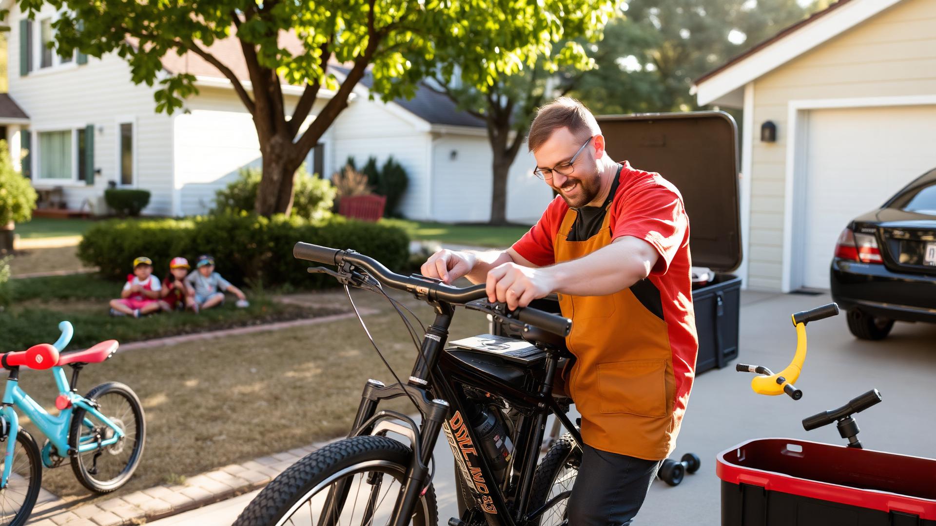 Mobile bike mechanic working in a suburban driveway