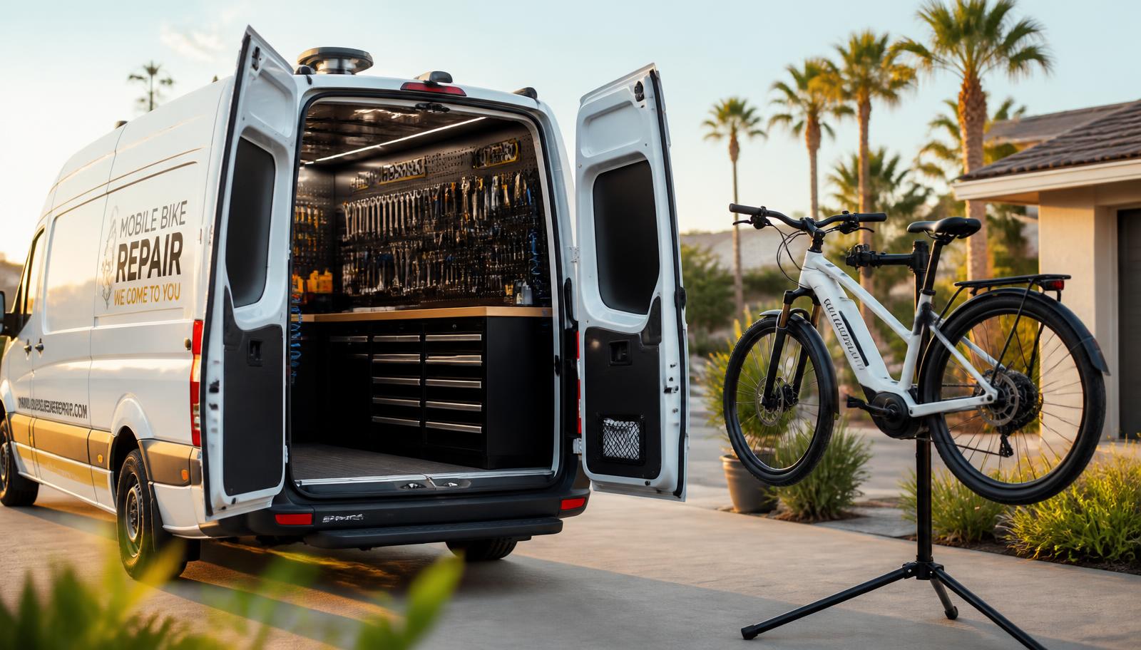 Interior of a mobile bike repair van workshop